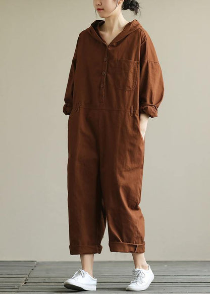 Loose hooded brown all-match long-sleeved ladies nine-point jumpsuit - SooLinen
