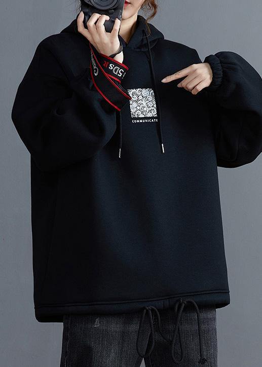 Loose hooded drawstring crane tops Inspiration black shirts - SooLinen