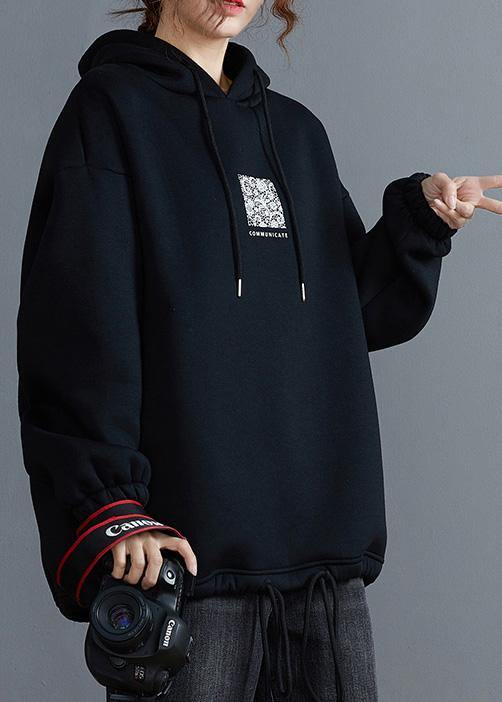 Loose hooded drawstring crane tops Inspiration black shirts - SooLinen