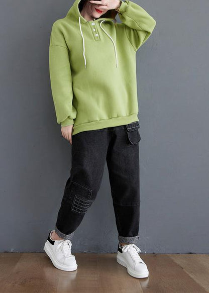 Loose hooded drawstring fall tunics for women Fabrics green top - SooLinen