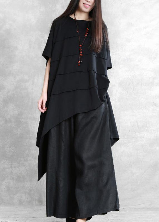 Loose irregular black two-piece personality tops wide-leg pants - SooLinen