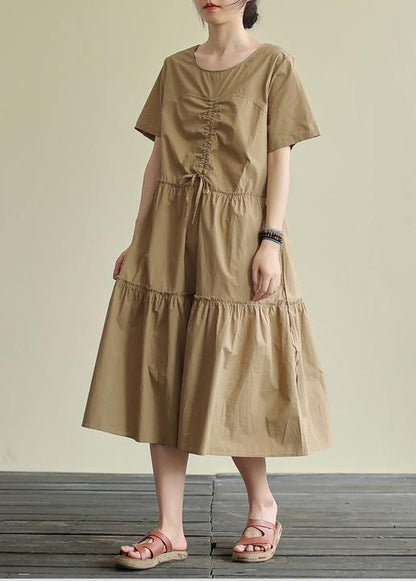 Loose khaki cotton Tunics o neck drawstring Traveling summer Dress - SooLinen