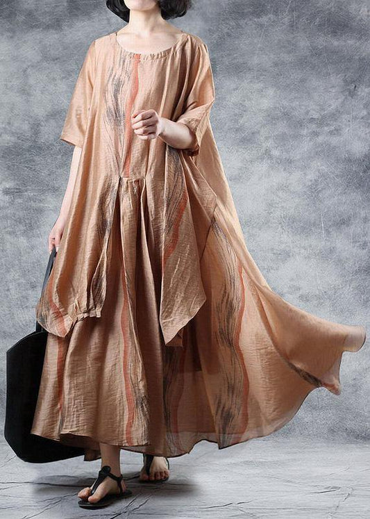 Loose khaki linen clothes For Women half sleeve Robe summer Dresses - SooLinen