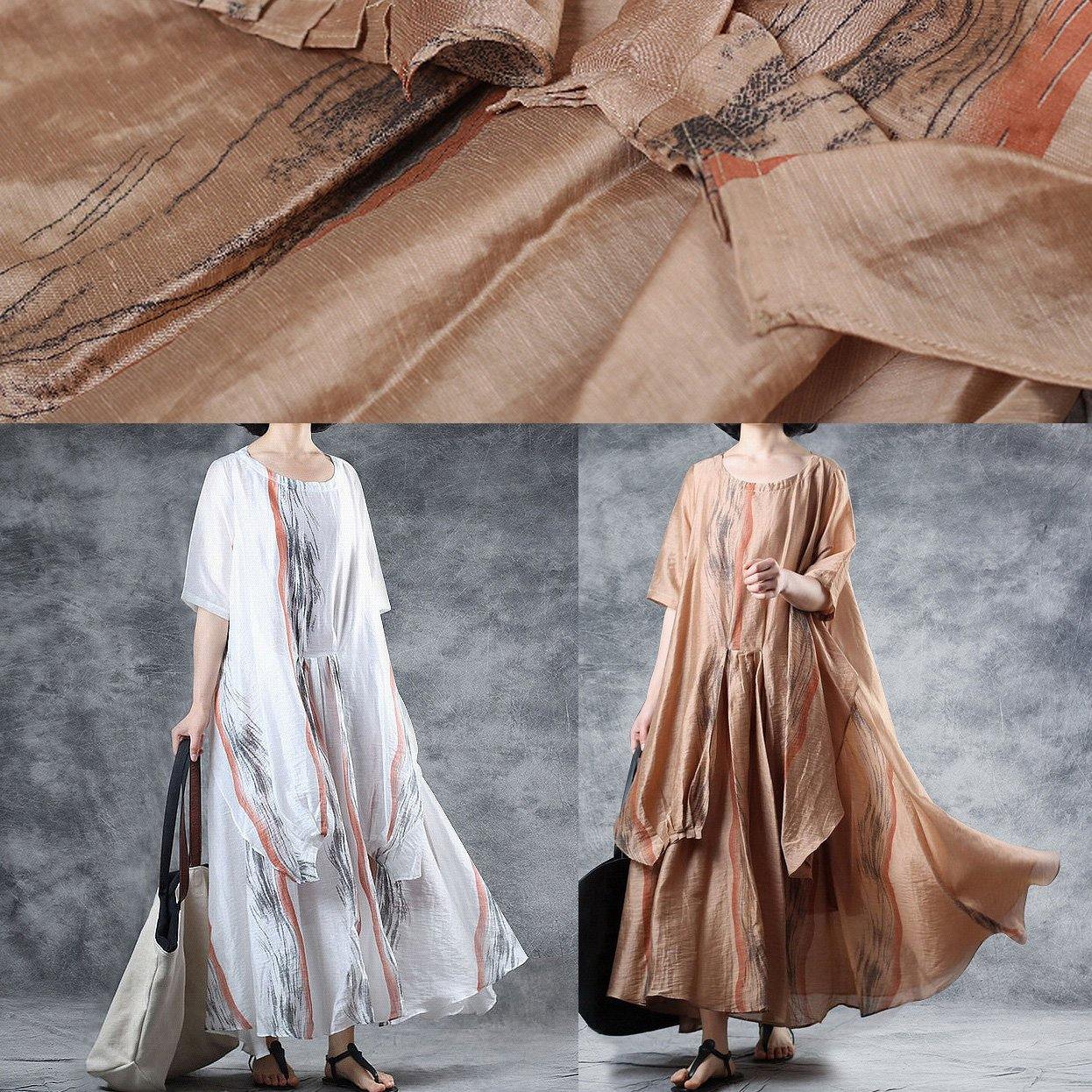 Loose khaki linen clothes For Women half sleeve Robe summer Dresses - SooLinen