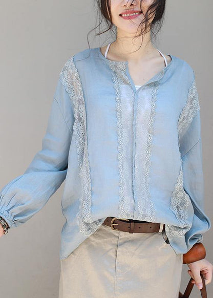 Loose khaki linen clothes lace patchwork loose v neck tops - SooLinen