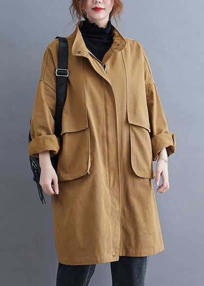 Loose khaki  coat for woman Outfits stand collar Large pockets coat - SooLinen