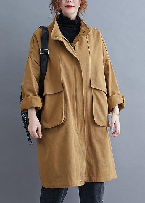 Loose khaki  coat for woman Outfits stand collar Large pockets coat - SooLinen
