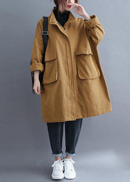 Loose khaki  coat for woman Outfits stand collar Large pockets coat - SooLinen