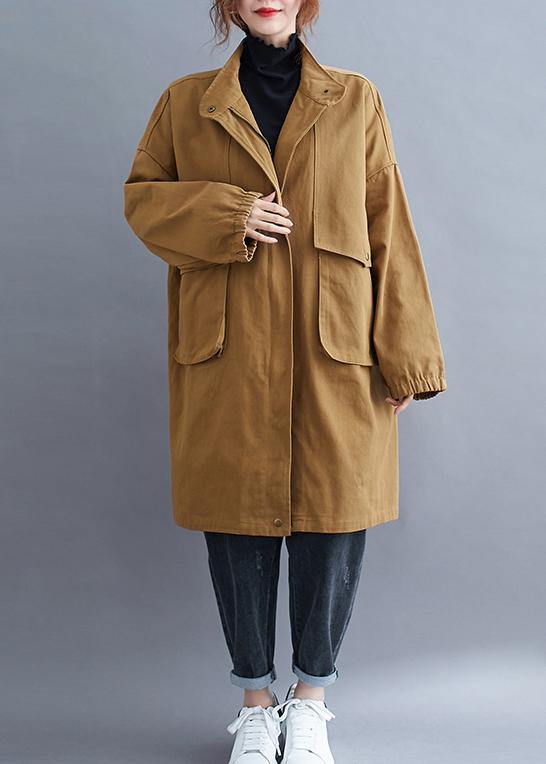 Loose khaki  coat for woman Outfits stand collar Large pockets coat - SooLinen