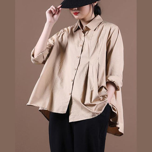 Loose khaki tops women blouses lapel large hem tunic fall shirts - SooLinen