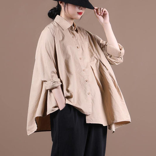 Loose khaki tops women blouses lapel large hem tunic fall shirts - SooLinen