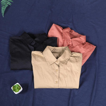 Loose khaki tops women blouses lapel large hem tunic fall shirts - SooLinen