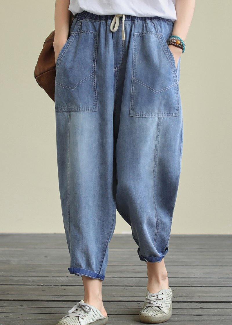 Loose lace casual plus size blue nine-point Harlan jeans - SooLinen