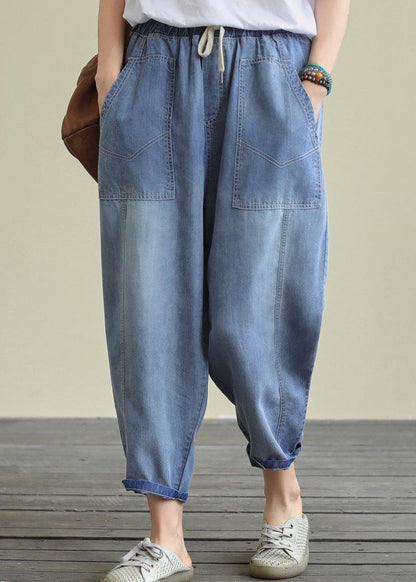 Loose lace casual plus size blue nine-point Harlan jeans - SooLinen