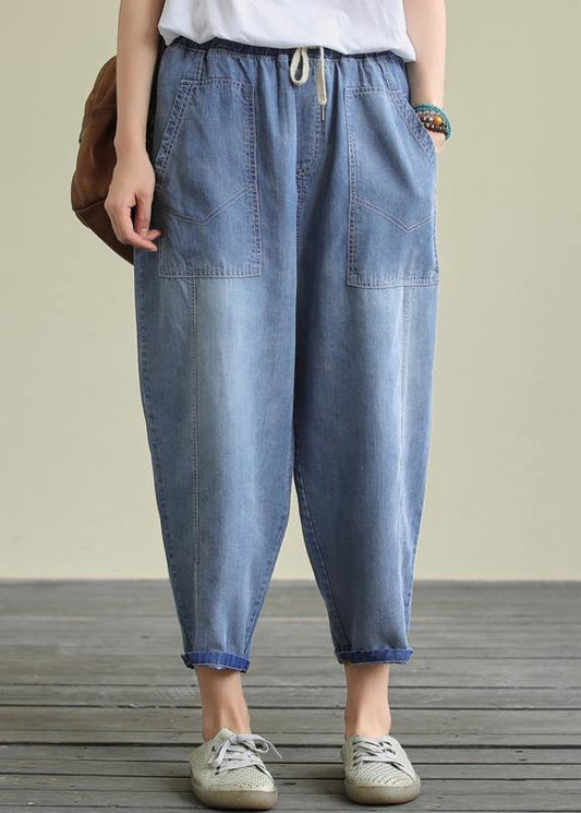 Loose lace casual plus size blue nine-point Harlan jeans - SooLinen