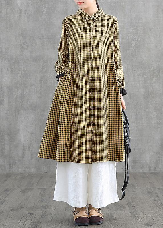 Oversize patchwork cotton Dresses Wardrobes Tunic Tops yellow plaid Dress - SooLinen