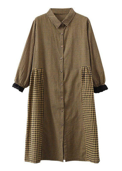 Loose lapel patchwork cotton Wardrobes Tunic Tops yellow plaid Dress - SooLinen
