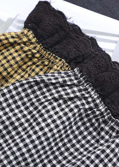 Loose lapel patchwork cotton Wardrobes Tunic Tops yellow plaid Dress - SooLinen