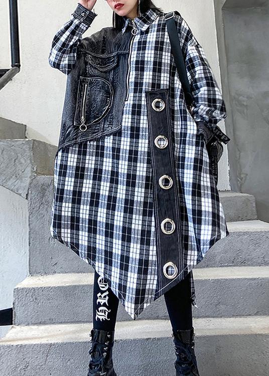 Loose lapel patchwork spring tunic pattern Work plaid blouses - SooLinen