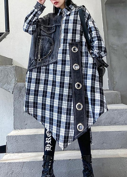 Loose lapel patchwork spring tunic pattern Work plaid blouses - SooLinen