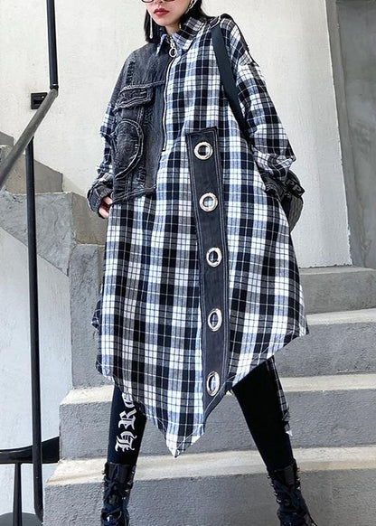 Loose lapel patchwork spring tunic pattern Work plaid blouses - SooLinen