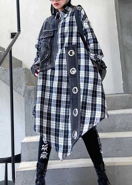 Loose lapel patchwork spring tunic pattern Work plaid blouses - SooLinen