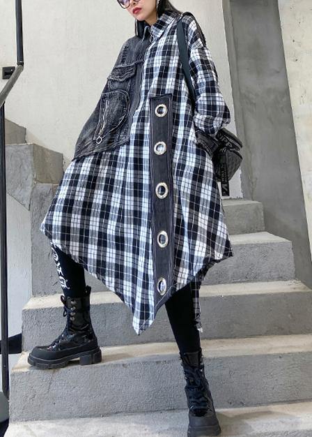 Loose lapel patchwork spring tunic pattern Work plaid blouses - SooLinen