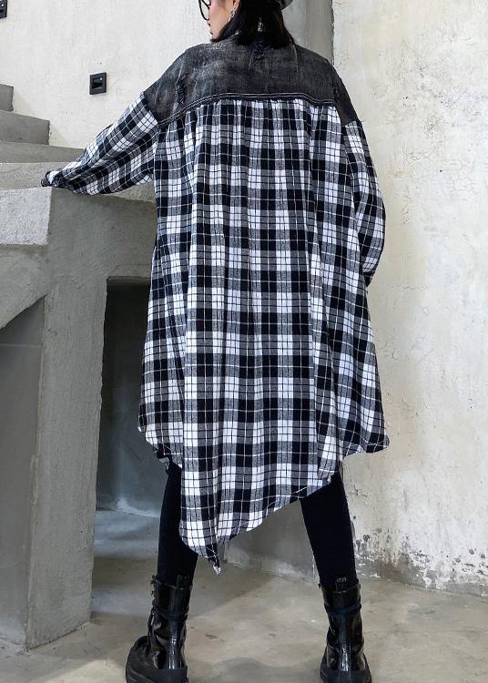 Loose lapel patchwork spring tunic pattern Work plaid blouses - SooLinen