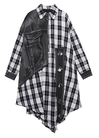 Loose lapel patchwork spring tunic pattern Work plaid blouses - SooLinen