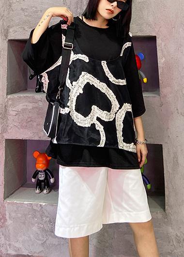 Loose large size black short sleeve + mesh vest two-piece blouse women - SooLinen