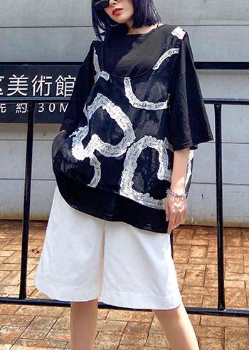 Loose large size black short sleeve + mesh vest two-piece blouse women - SooLinen