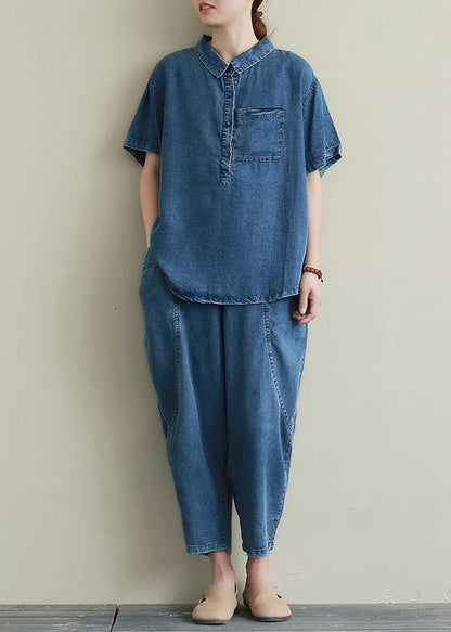 Loose large size thin section blue denim casual suit female lapel short sleeve shirt harem pants two-piece suit - SooLinen