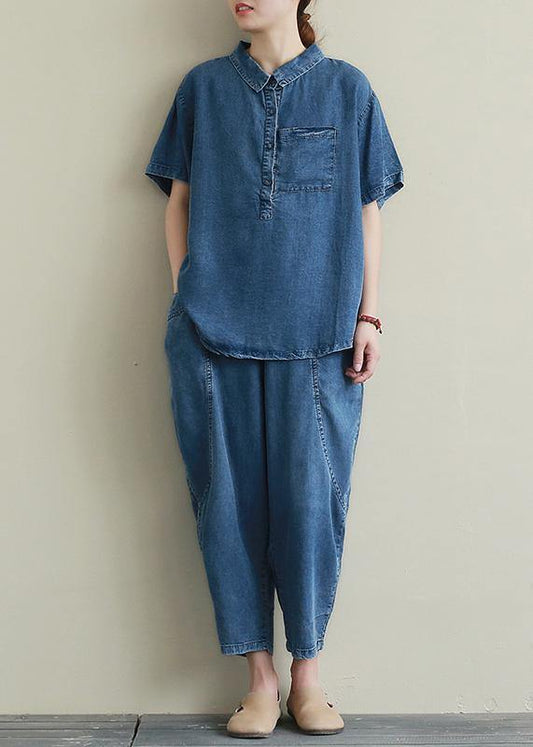 Loose large size thin section blue denim casual suit female lapel short sleeve shirt harem pants two-piece suit - SooLinen