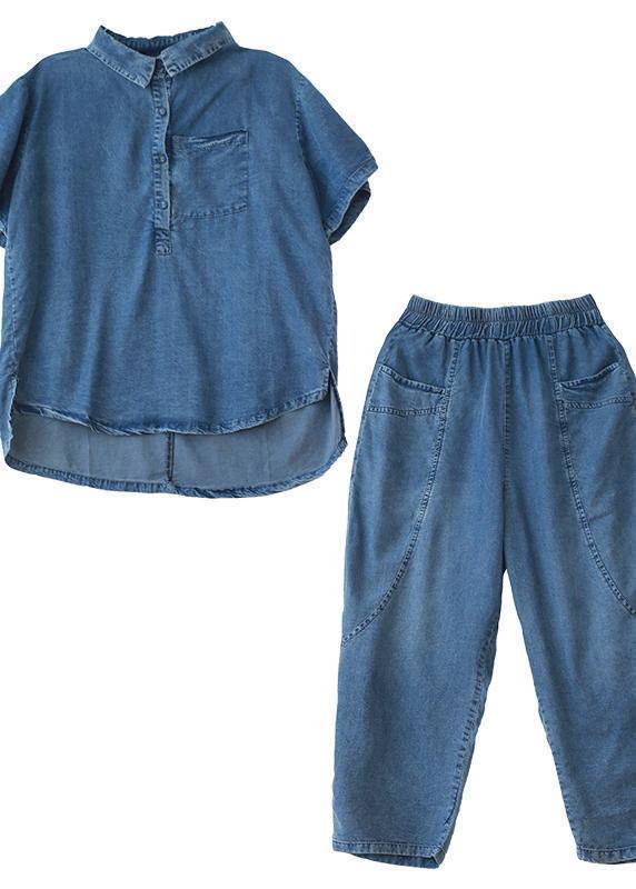 Loose large size thin section blue denim casual suit female lapel short sleeve shirt harem pants two-piece suit - SooLinen