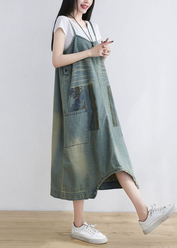 Lose hellblaue Taschen Print Denim Jumpsuit Frühling