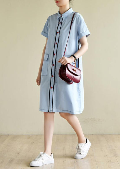 Loose light blue dress silhouette lapel pockets box summer shirts - SooLinen