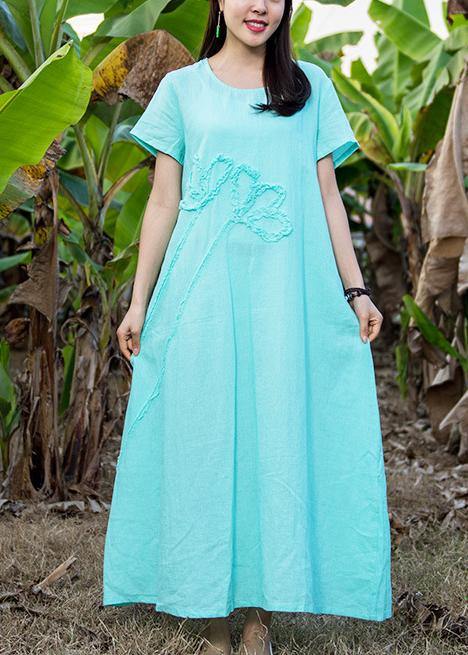 Loose light blue linen dress o neck pockets Love summer Dress - SooLinen