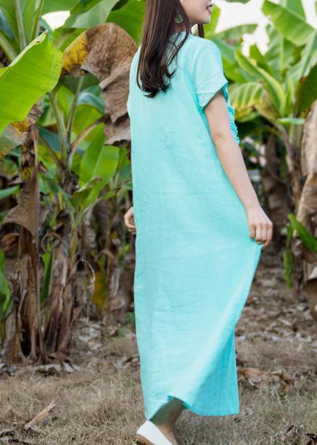 Loose light blue linen dress o neck pockets Love summer Dress - SooLinen
