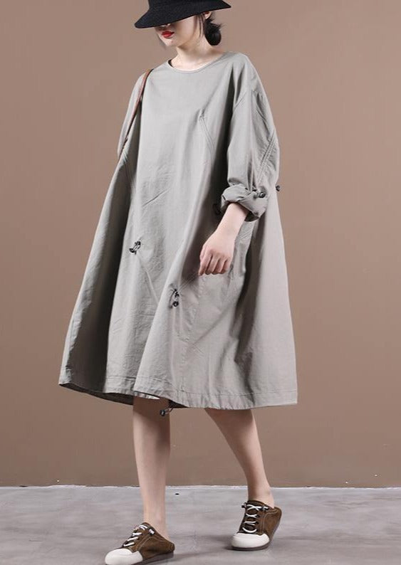 Loose light gray outfit o neck drawstring short Dresses - SooLinen