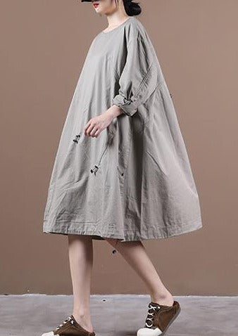 Loose light gray outfit o neck drawstring short Dresses - SooLinen