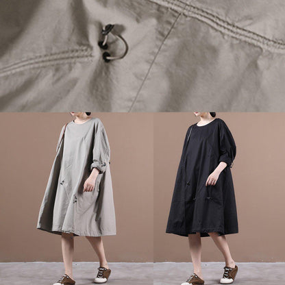Loose light gray outfit o neck drawstring short Dresses - SooLinen