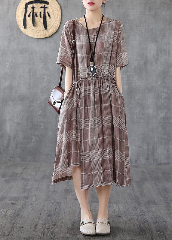 Loose light purple plaid cotton Robes o neck asymmetric Maxi Dress - SooLinen