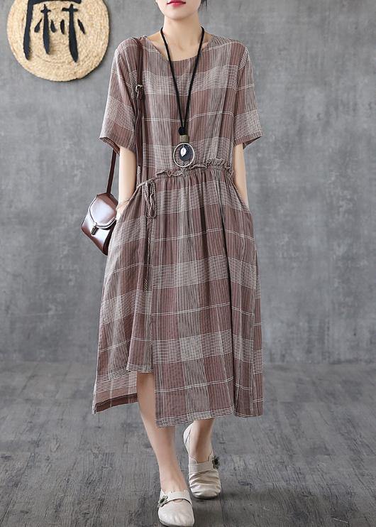 Loose light purple plaid cotton Robes o neck asymmetric Maxi Dress - SooLinen