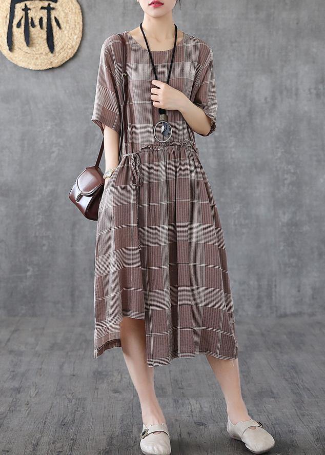 Loose light purple plaid cotton Robes o neck asymmetric Maxi Dress - SooLinen