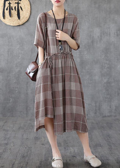 Loose light purple plaid cotton Robes o neck asymmetric Maxi Dress - SooLinen