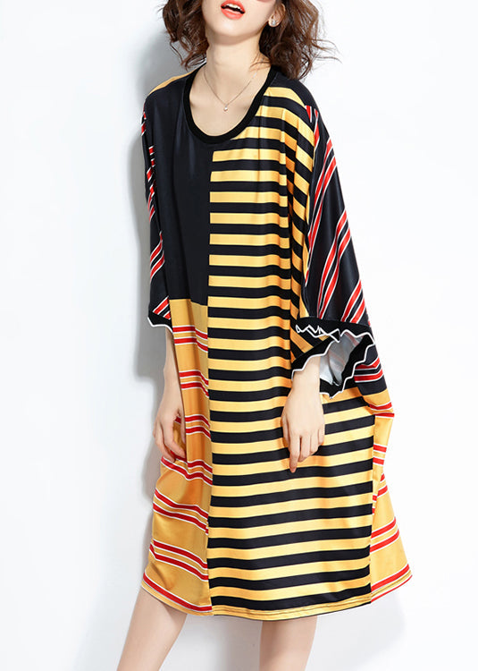 Lose mehrfarbig gestreifte Seidenmischung Kleidung Damen plus Größe Leinen Patchwork Sommerkleid
