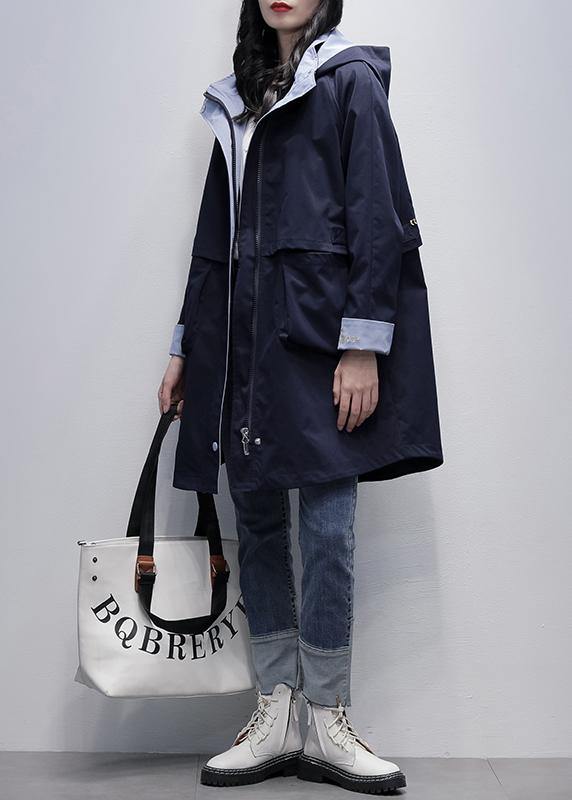 Loose navy Plus Size outfit pattern hooded Letter outwears - SooLinen