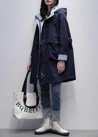 Loose navy Plus Size outfit pattern hooded Letter outwears - SooLinen