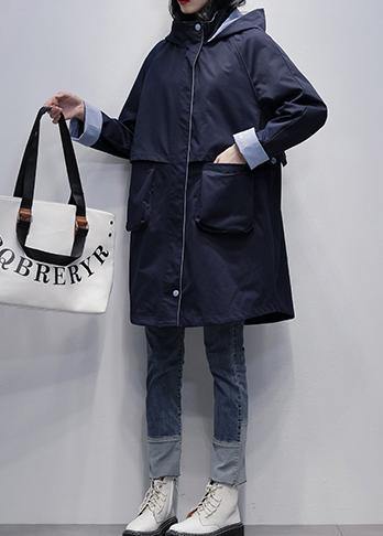 Loose navy Plus Size outfit pattern hooded Letter outwears - SooLinen