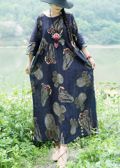 Loose navy cotton linen Robes Casual Sleeve prints summer Dress - SooLinen